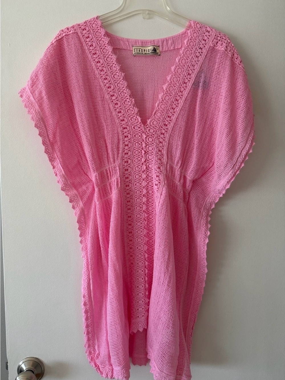 Seaspice Pink Crochet Knit Swim Coverup Dress NWT Size L Peruvian Cotton
